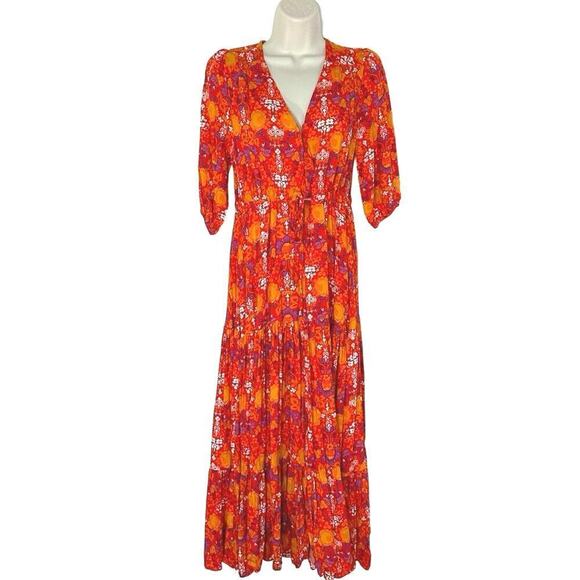 Anthropologie Abel The Label Orange Floral Maxi Dress Sz XS Boho Colourful - Picture 1 of 5